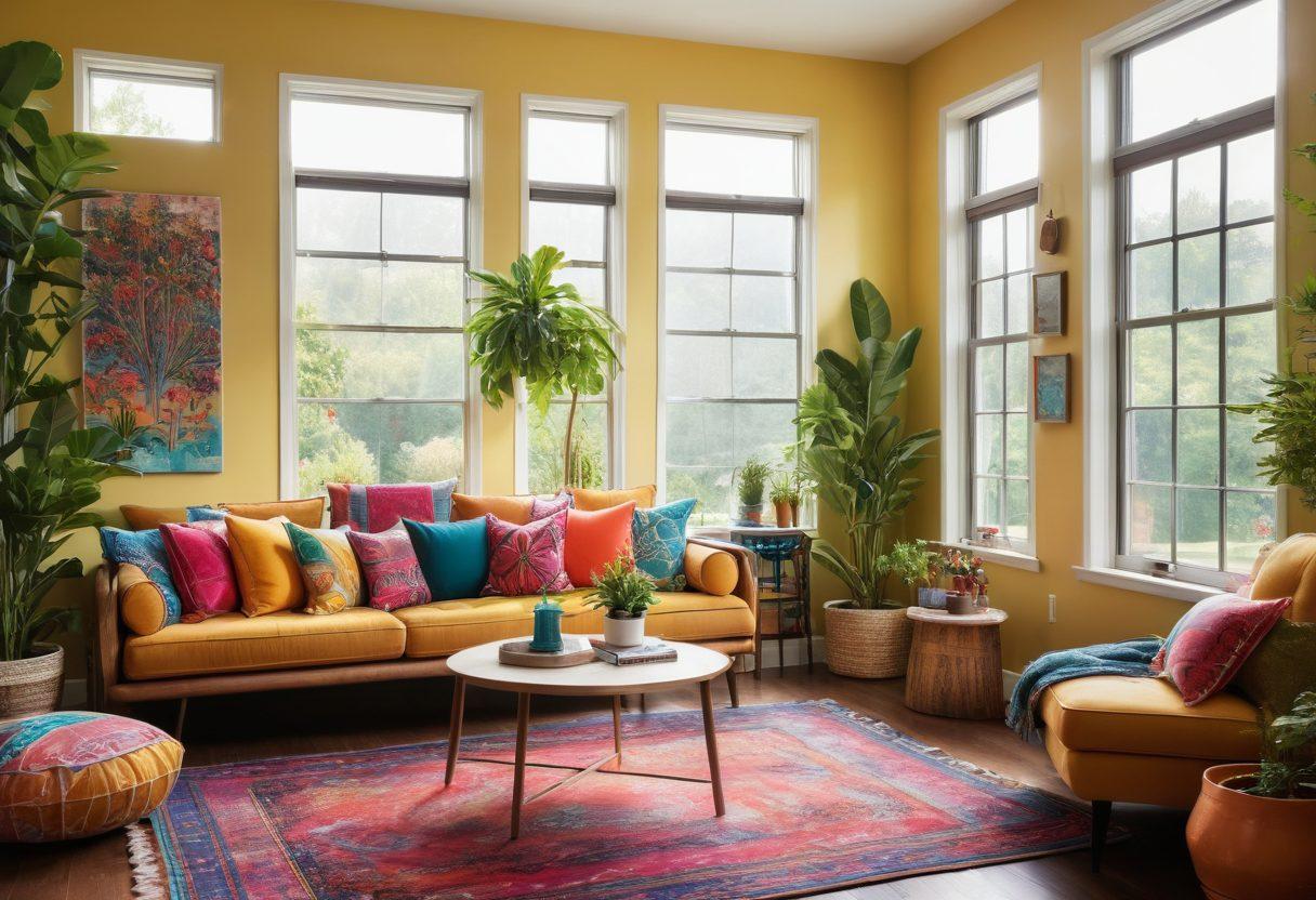 A cozy and vibrant living room with bright, cheerful decor, featuring a mix of plants, colorful cushions, and unique wall art. Sunlight streams through large windows, illuminating a comfortable seating area adorned with playful patterns. An inviting coffee table is surrounded by eclectic furniture that reflects a warm and satisfying ambiance. The scene exudes harmony and creativity, perfect for a cheerful sanctuary. vibrant colors. super-realistic.