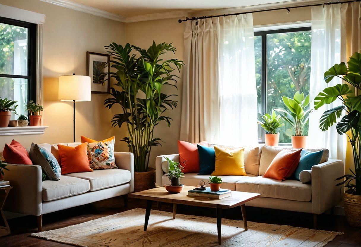 A cozy home interior with warm lighting, featuring a beautifully decorated living room with bright cushions, potted plants, and uplifting artwork. Incorporate elements of nature, like an indoor water fountain or a sunlit window with curtains blowing gently. Include a small nook with inspirational books and a comfortable chair. Emphasize joyfulness and uniqueness in design. super-realistic. vibrant colors. soft focus.