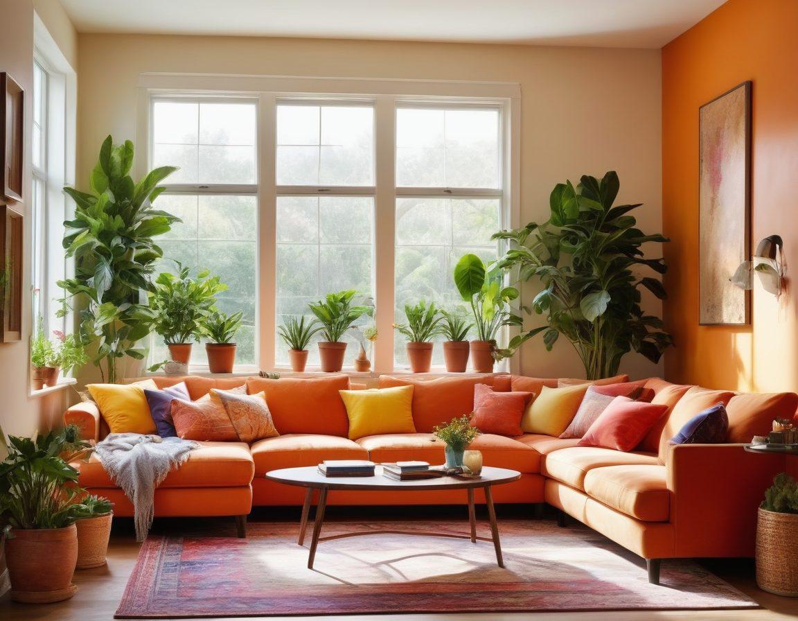 A cozy living room adorned with vibrant houseplants, soft pillows, and warm lighting that radiates happiness. Include a large window showcasing a picturesque garden outside, inviting sunlight and nature's colors in. A joyful family is engaging in a creative activity together, illustrating the essence of crafting a unique home atmosphere. Use bright, inviting colors to evoke feelings of joy and comfort. super-realistic. vibrant colors. warm tones.